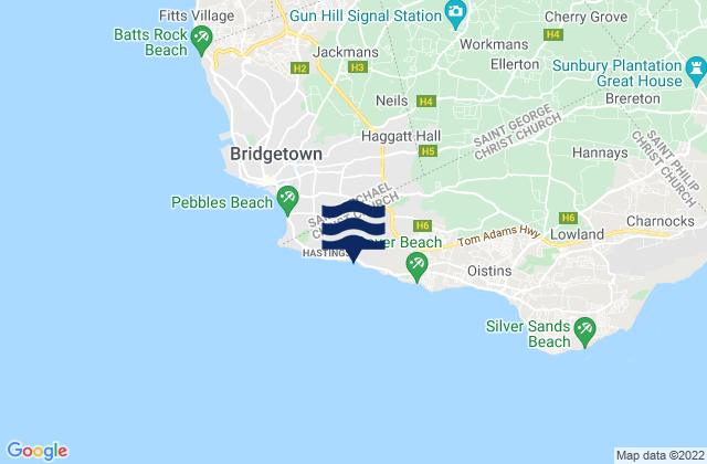 Accra Beach - Rockley Beach, Barbados tide times map