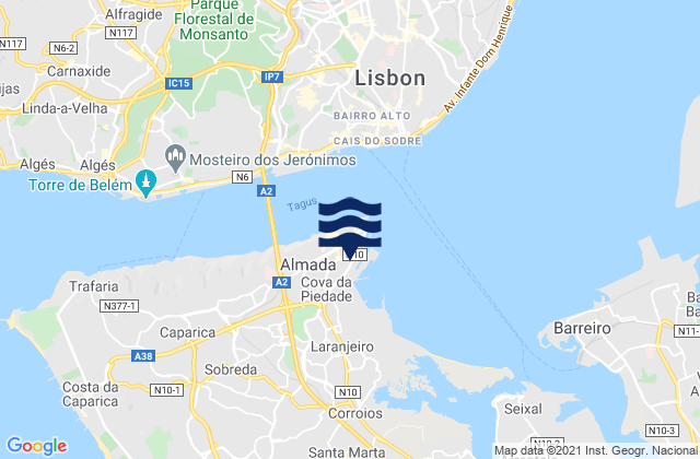 Almada, Portugal tide times map