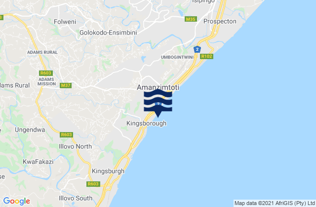 Amanzimtoti, South Africa tide times map