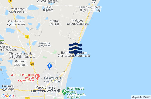 Auroville, India tide times map