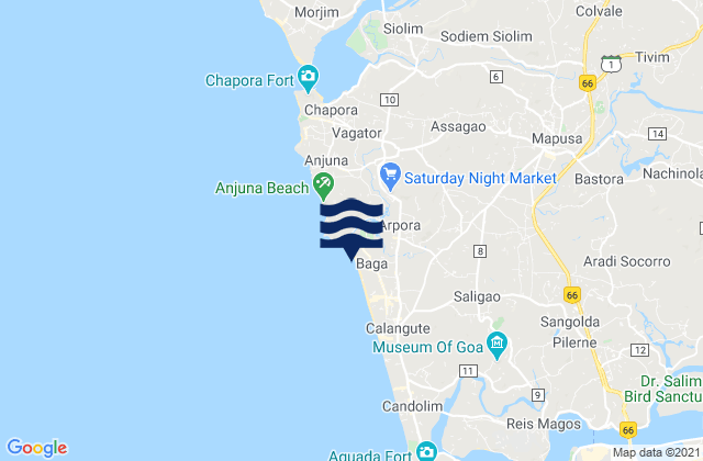 Baga Beach, India tide times map