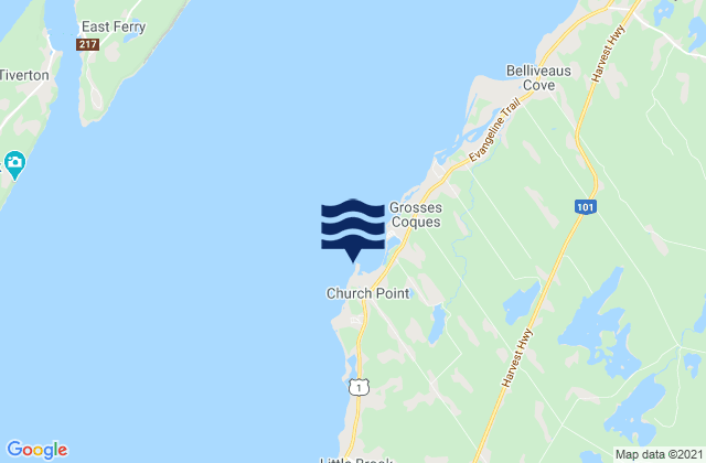 Barre a Church Point, Canada tide times map