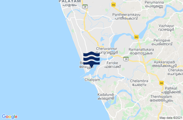Beypore, India tide times map