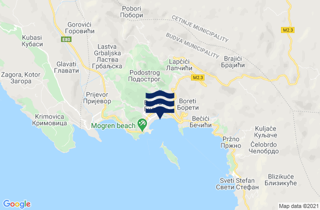 Budva, Montenegro tide times map