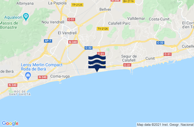 Calafell, Spain tide times map