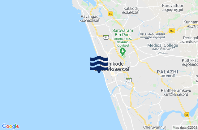 Calicut, India tide times map