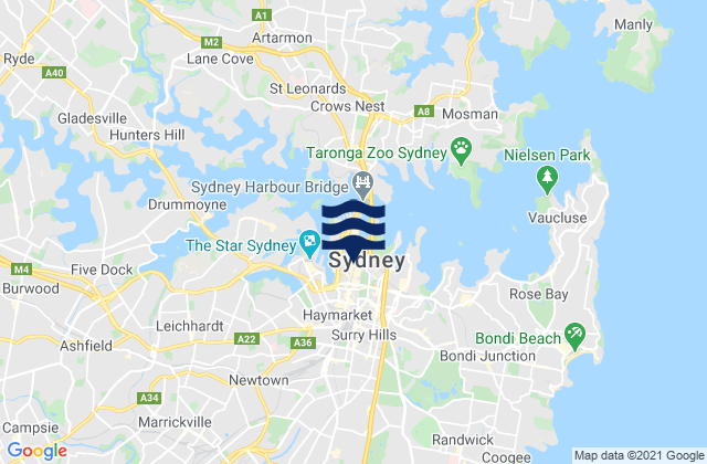 City of Sydney, Australia tide times map