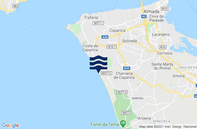 Costa da Caparica, Portugal tide times map