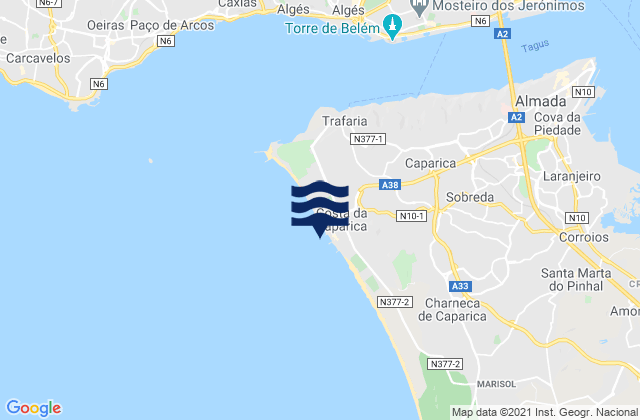 Costa de Caparica, Portugal tide times map