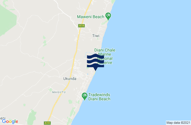 Diani Beach, Kenya tide times map