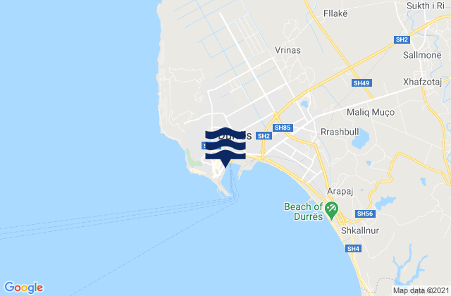 Durres District, Albania tide times map