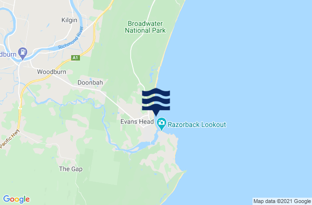 Evans Head-Airforce Beach, Australia tide times map