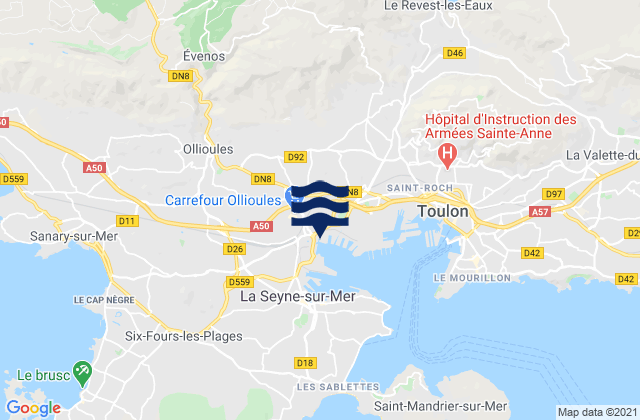 Evenos, France tide times map