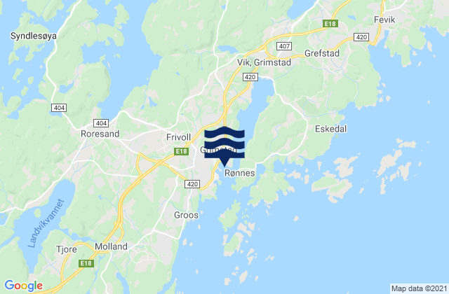 Grimstad, Norway tide times map