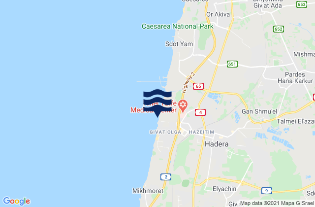 Hadera, Israel tide times map