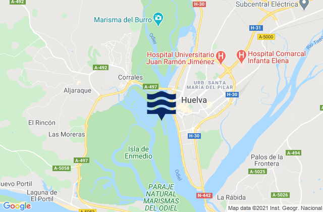Huelva Rio Odiel, Spain tide times map