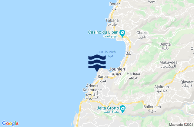 Jounieh, Lebanon tide times map
