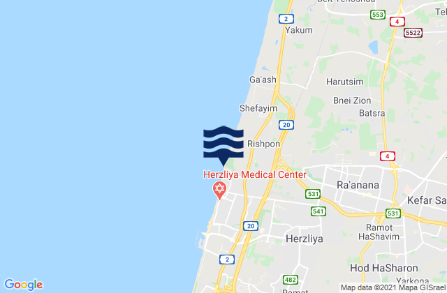 Kefar Shemaryahu, Israel tide times map