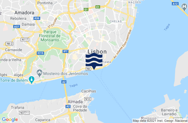 Lisbon, Portugal tide times map