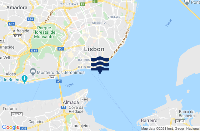 Lisbon Tagus River, Portugal tide times map