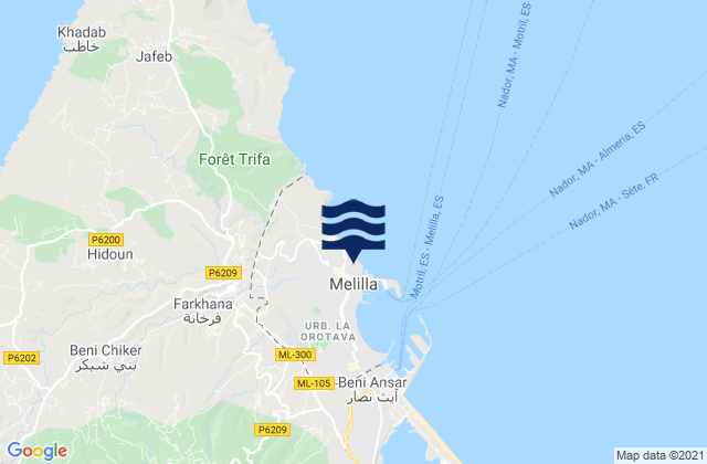 Melilla, Spain tide times map
