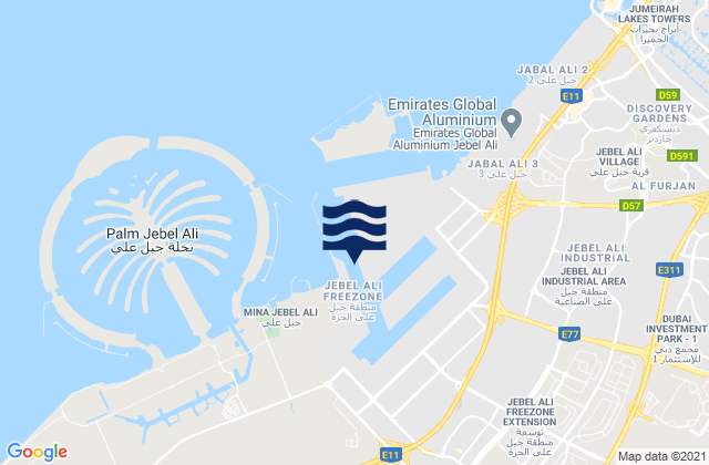 Mina Jebel Ali, Iran tide times map