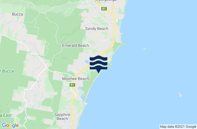 Moonee Beach and Creek, Australia tide times map