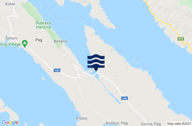 Pag, Croatia tide times map