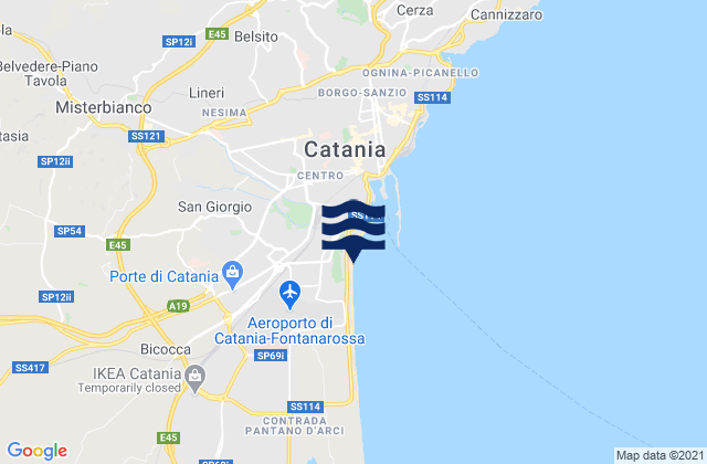 Playa di Catania, Italy tide times map