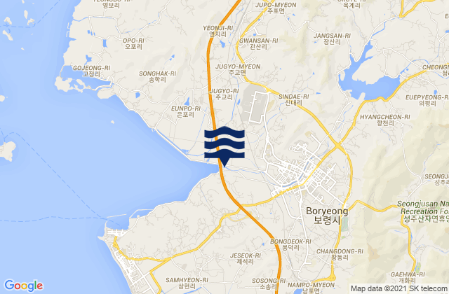 Poryong, South Korea tide times map