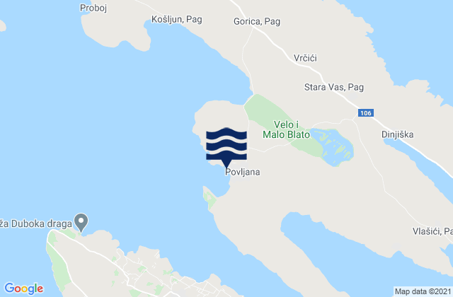Povljana, Croatia tide times map