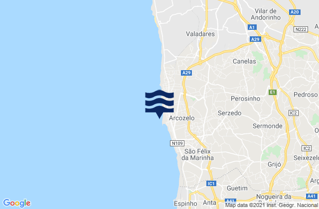 Praia da Aguda, Portugal tide times map