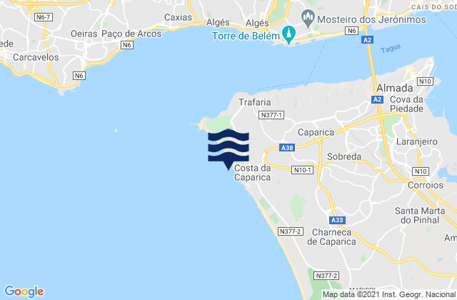 Praia da Costa da Caparica, Portugal tide times map