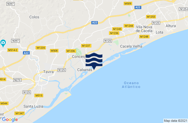 Praia de Cabanas, Portugal tide times map