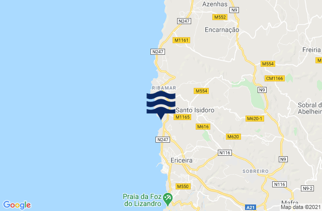 Praia de Ribeira d'Ilhas, Portugal tide times map