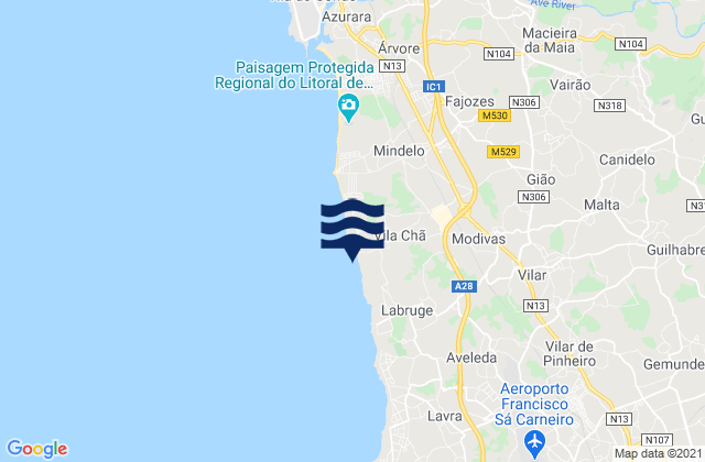 Praia de Vila Cha, Portugal tide times map