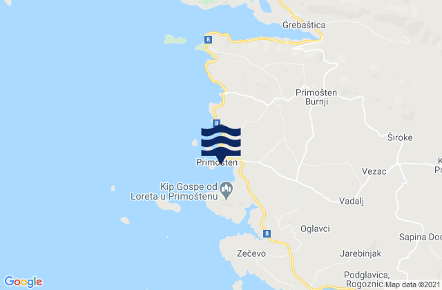 Primosten, Croatia tide times map