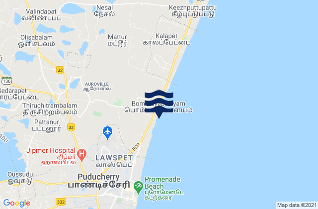 Repos Beach (Pondicherry), India tide times map