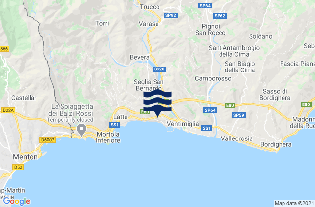 Rocchetta Nervina, Italy tide times map