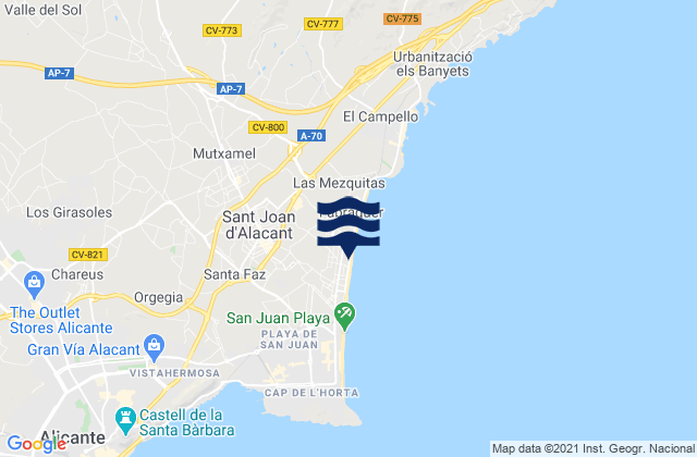 San Juan de Alicante, Spain tide times map