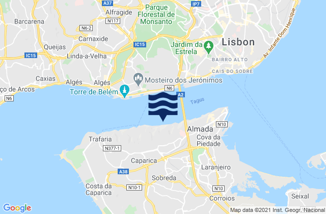 Sobreda, Portugal tide times map