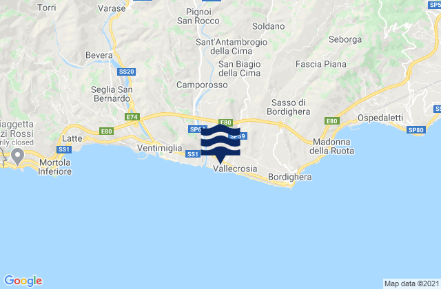 Vallecrosia, Italy tide times map