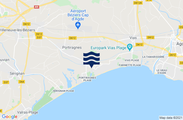 Valros, France tide times map