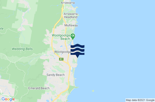 Woolgoolga Back Beach, Australia tide times map