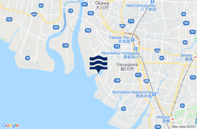 Yanagawa Shi, Japan tide times map