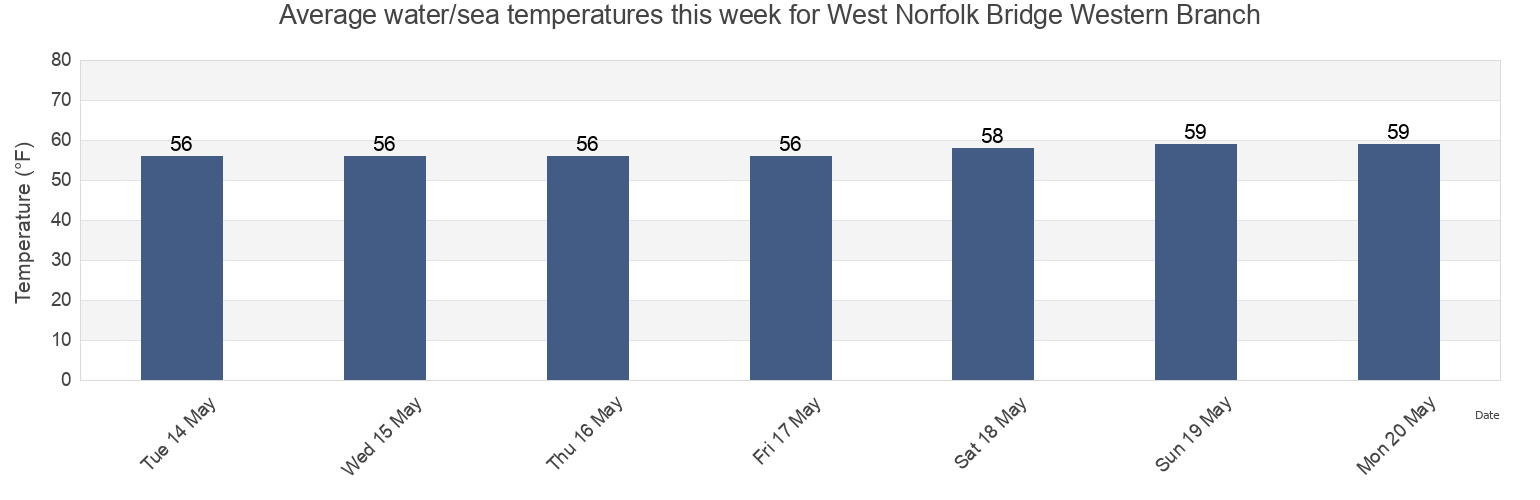 Water temperature in West Norfolk Bridge Western Branch, City of Portsmouth, Virginia, United States today and this week